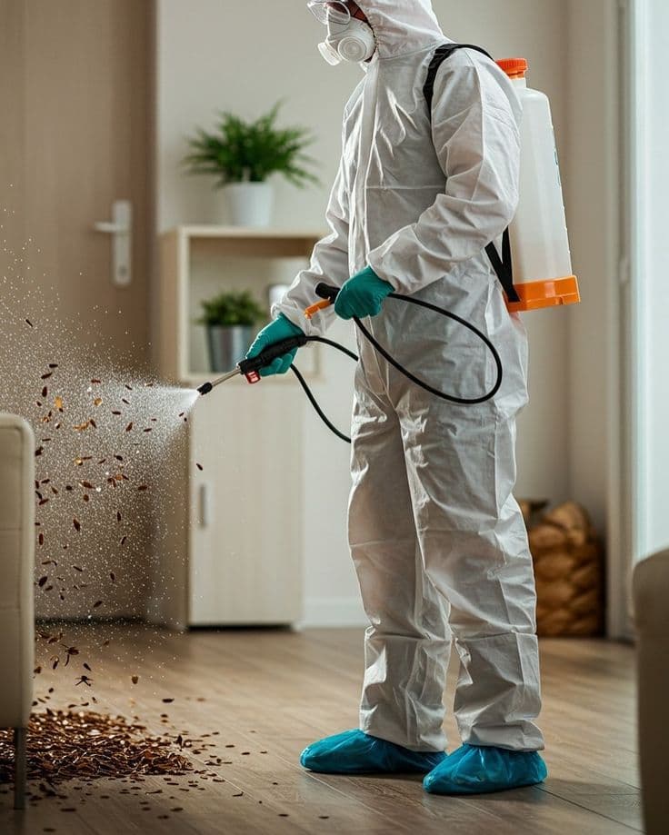 Pest-control technician in protective gear treating a living room