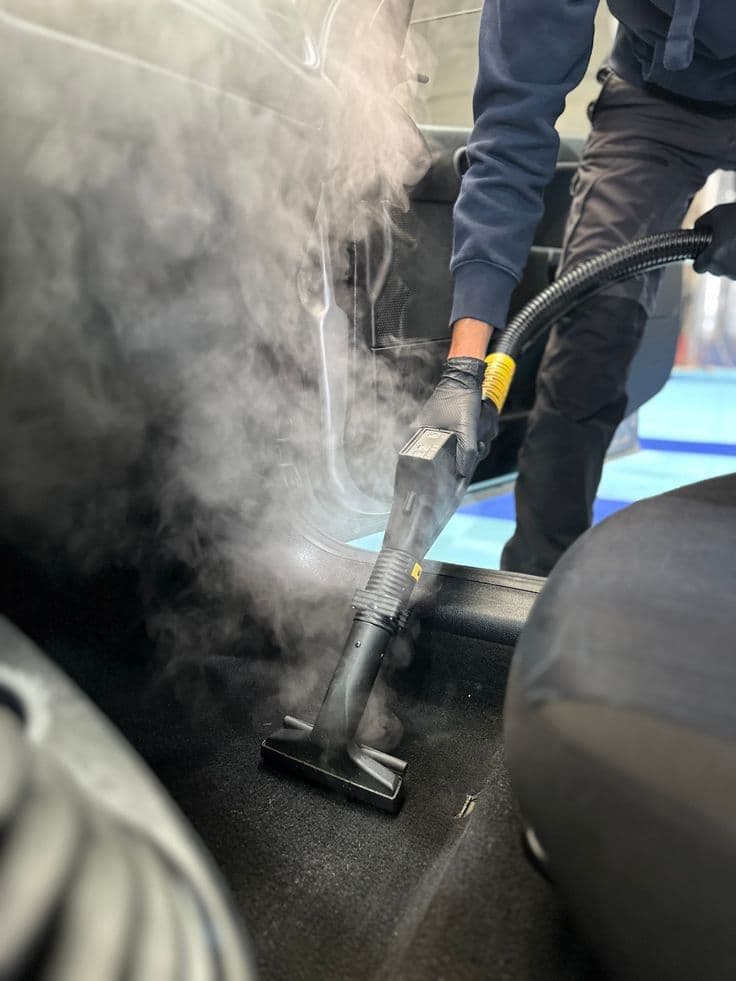 Steam-cleaning seats and interior carpet