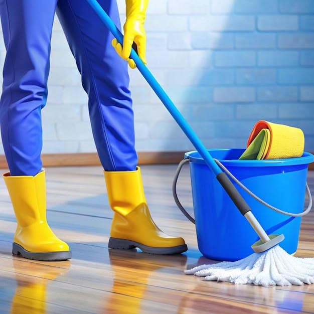 Wet mop and bucket working across a home's wooden floor