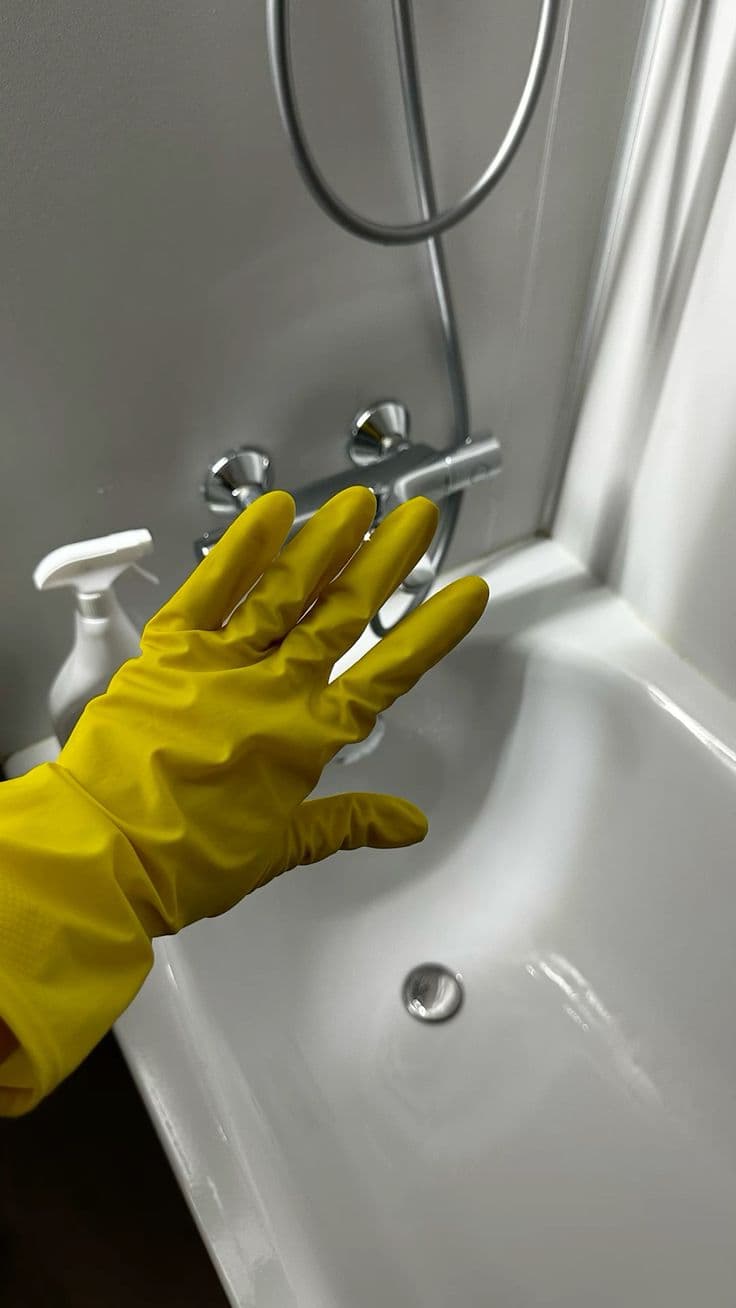 Gloved hand wiping down a bathtub and shower fittings