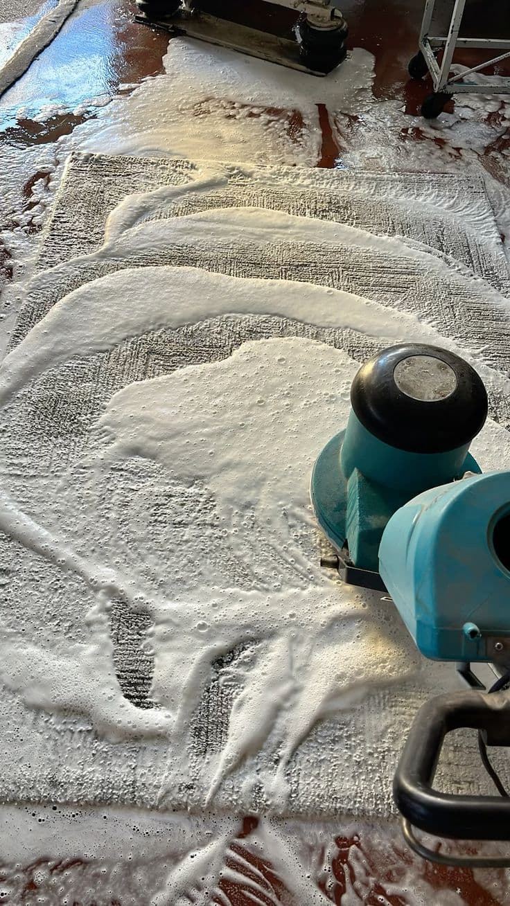 Rug being shampooed with a rotary machine