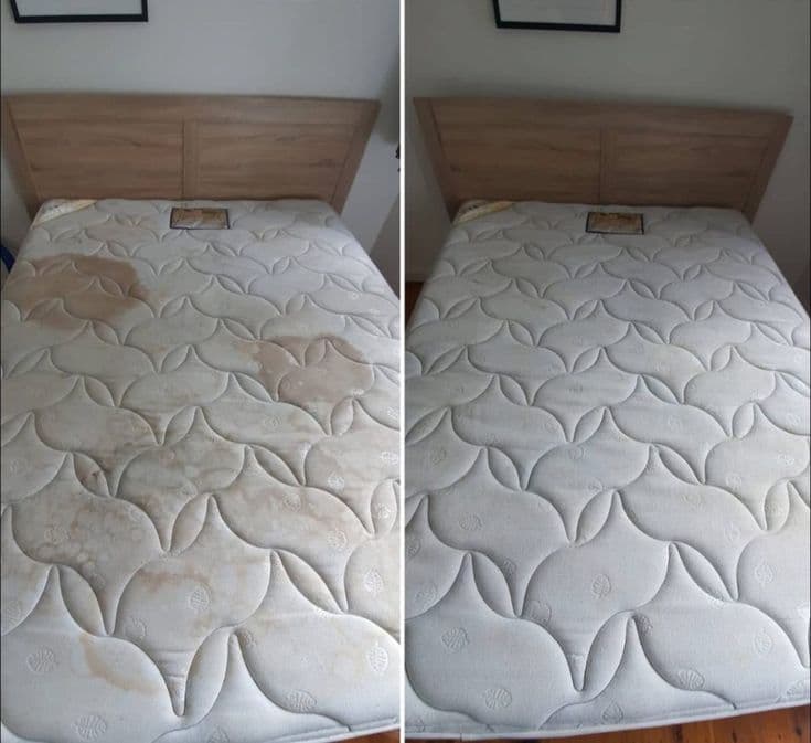 Mattress shown before and after stain and odour treatment